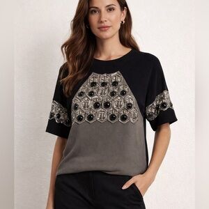 Milly Top Women Small Sweater Blouse Shirt Beaded Rhinestone Black Gray B1